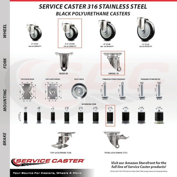Service Caster 3.5 Inch 316SS Black Polyurethane Swivel 1-1/2 Inch Stem Caster Lock Brake, 2PK SS316TTLEX20S3514-PPUB-BLK-2-S-2-112 - main